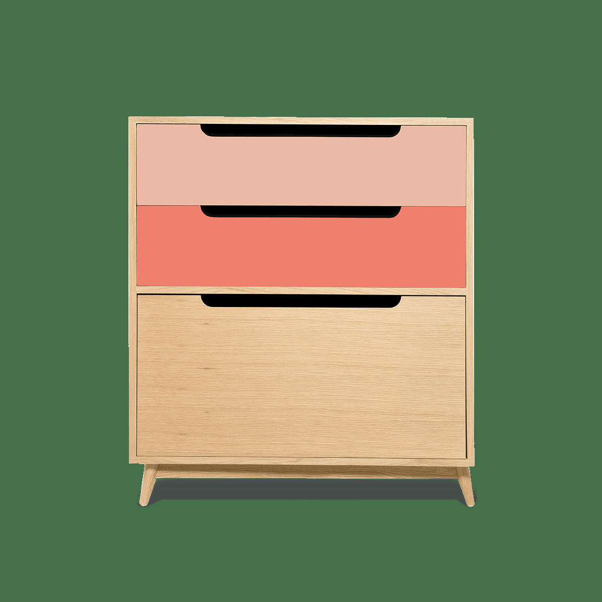 MOKA - Commode peu profonde, 3 tiroirs, couleur chene et bicolore rose