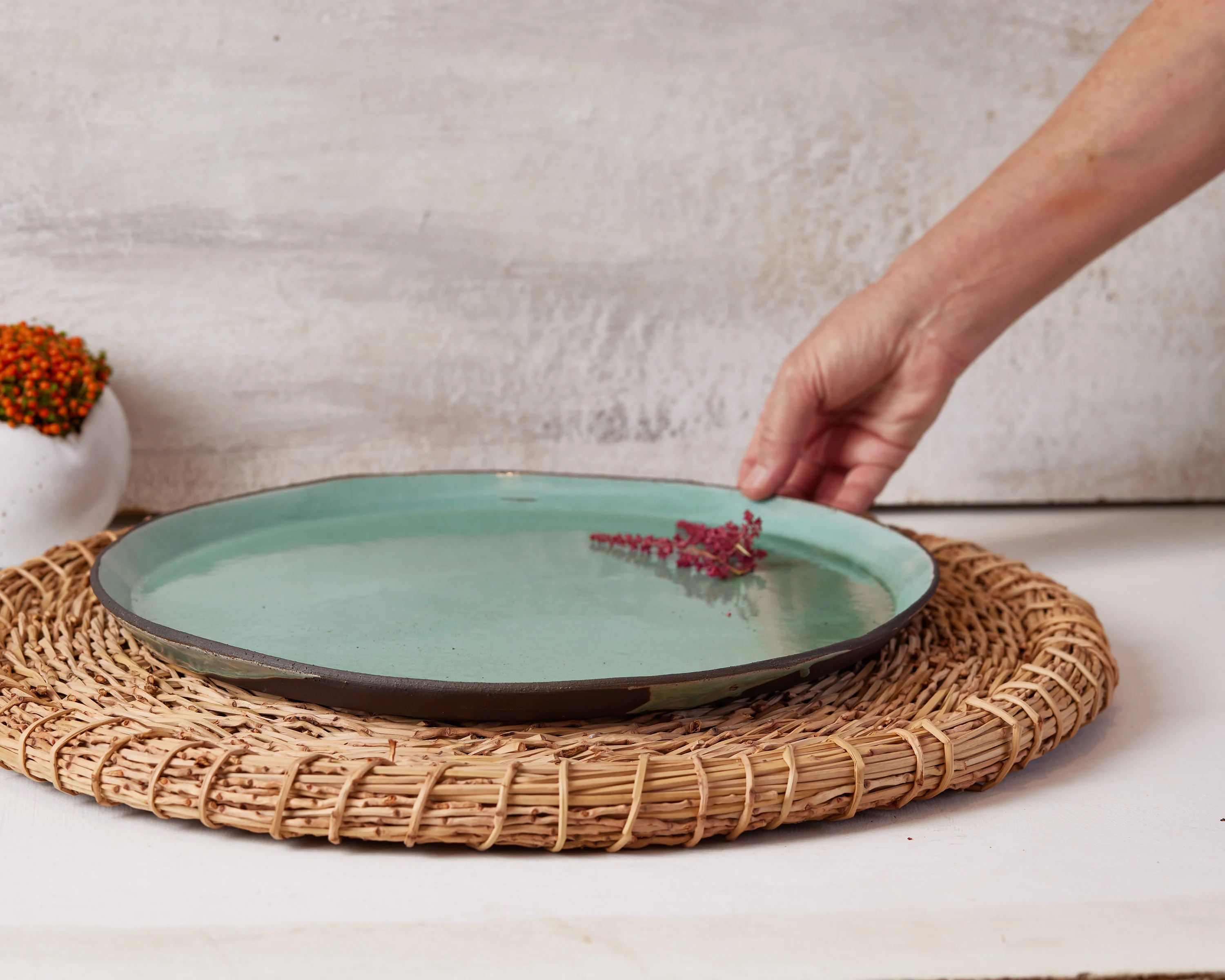 Extra Large Turquoise Round Serving Platter, Ceramic Cake Plate, Pottery Handmade Modern Dinner Serving Dish, Mother Christmas Gift