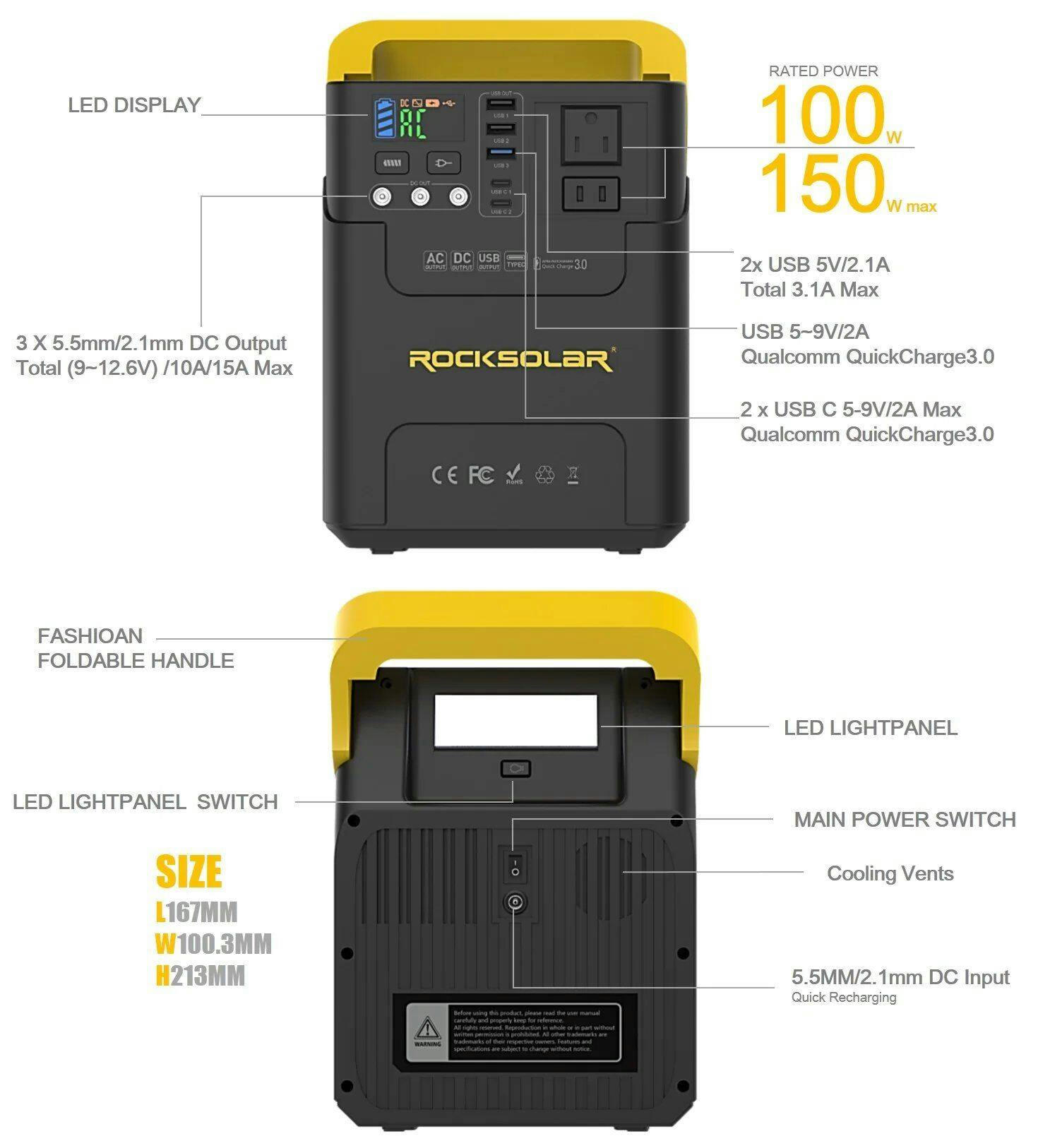 ROCKSOLAR Lithium Ion Power Station with LED Light, 100W 133.2WH