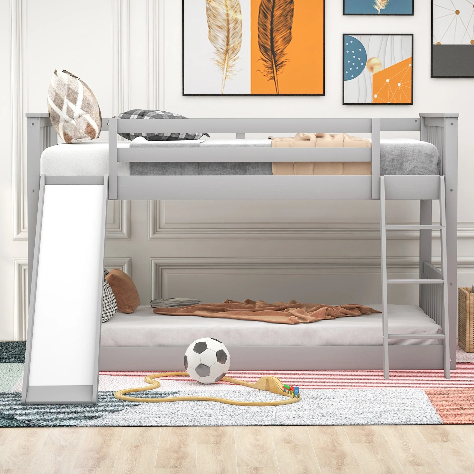 Floor Bunk Bed with Convertible Slide and Ladder, Wood Bunk Bedframe with Full-Length Guardrail Space-saving Low Bunk Bed