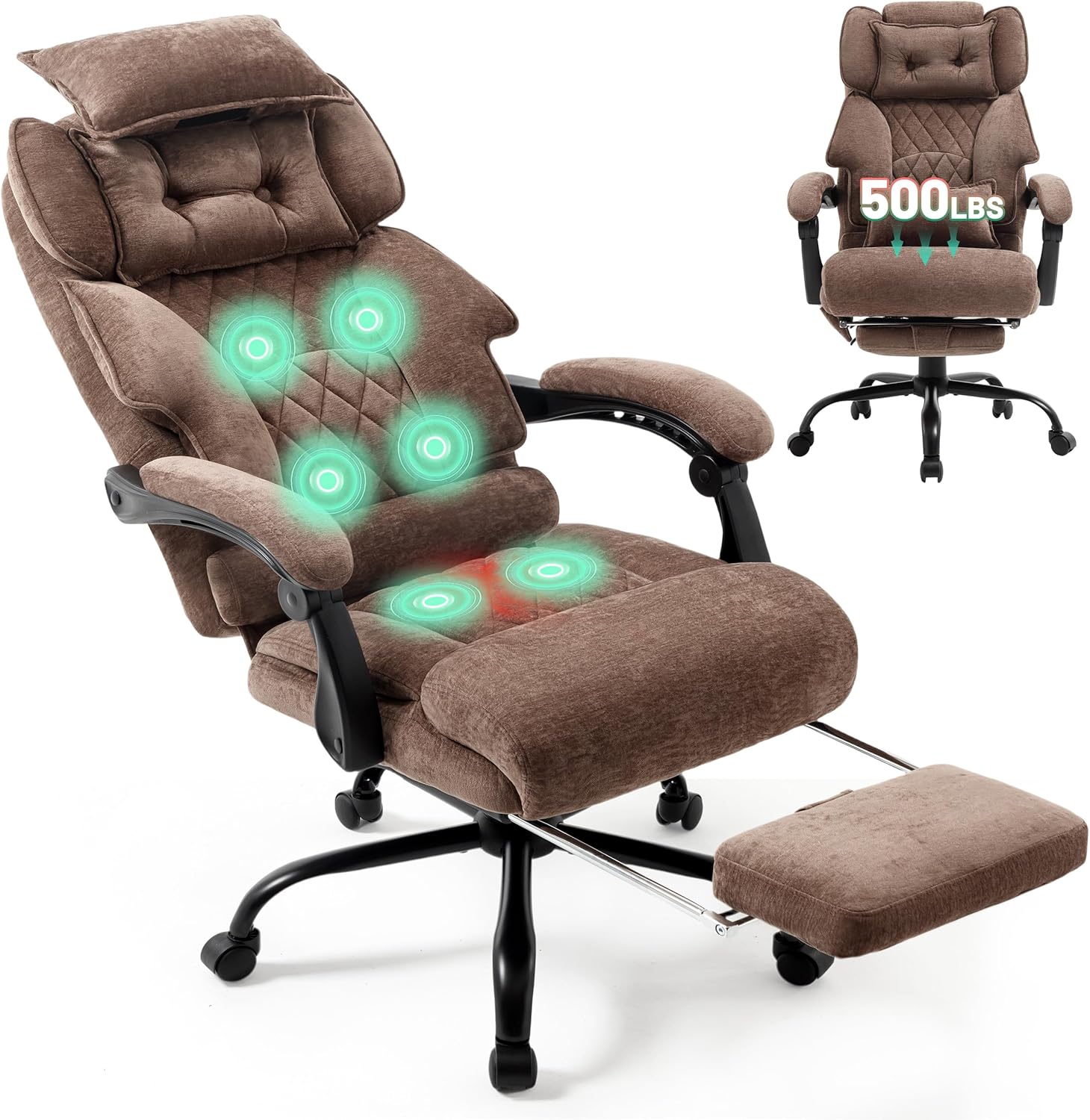 Massage Office Chair with Foot Rest,6 Points Vibration & Heat Executive Office Chairs for Heavy People,500LBS Big and Tall Office Chair,Ergonomic Reclining Desk Chair,Dual-Use Pillow,Brown