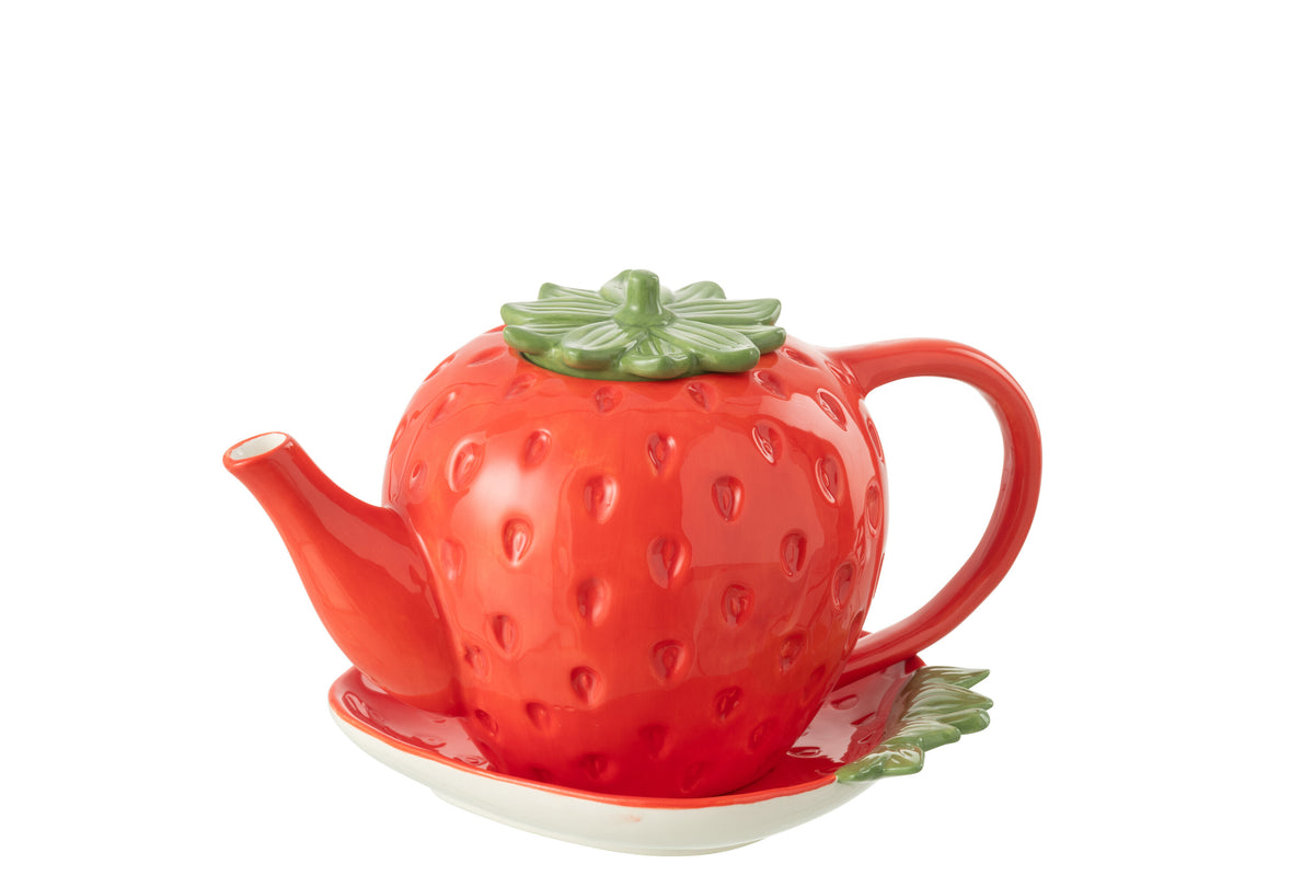 J-Line theepot Aardbei Dolomiet - keramiek - rood