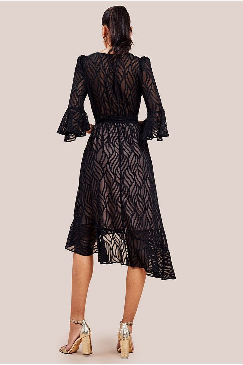 Goddiva Chiffon Geo Wave Front Frill Wrap Midi Dress