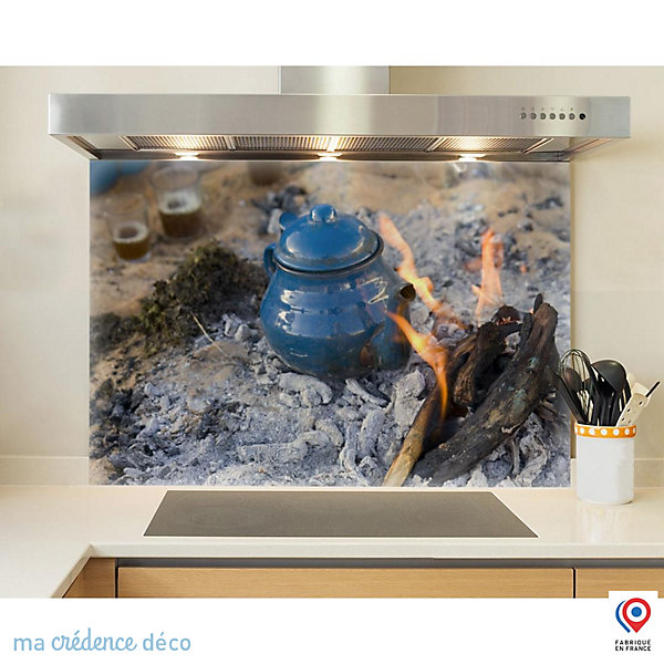 Crédence cuisine fond de hotte Théière et desert - Verre trempé - L 90 cm x H 70 cm - MaCrédenceDéco