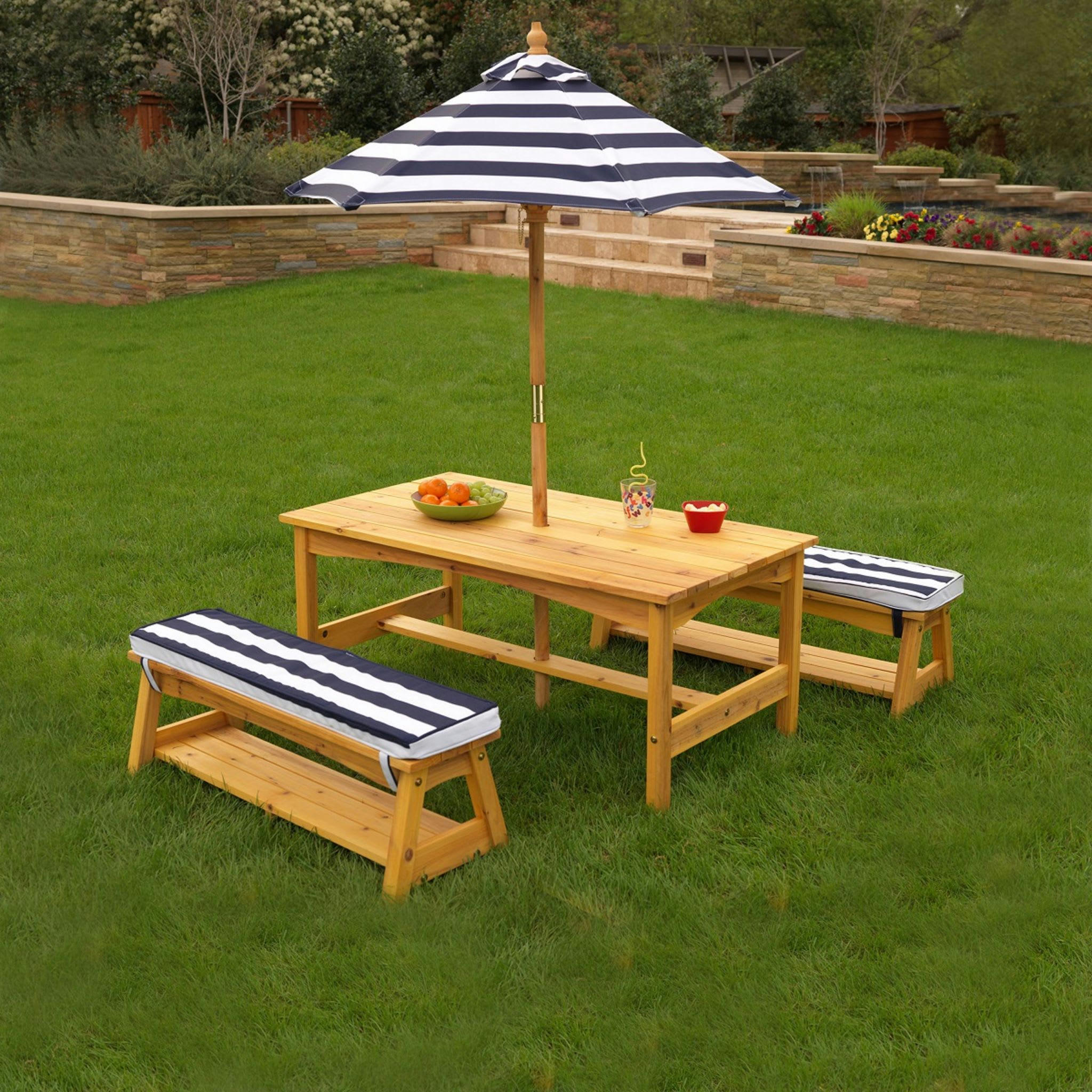 - Ensemble table et bancs d'extérieur avec parasol enfant bleu