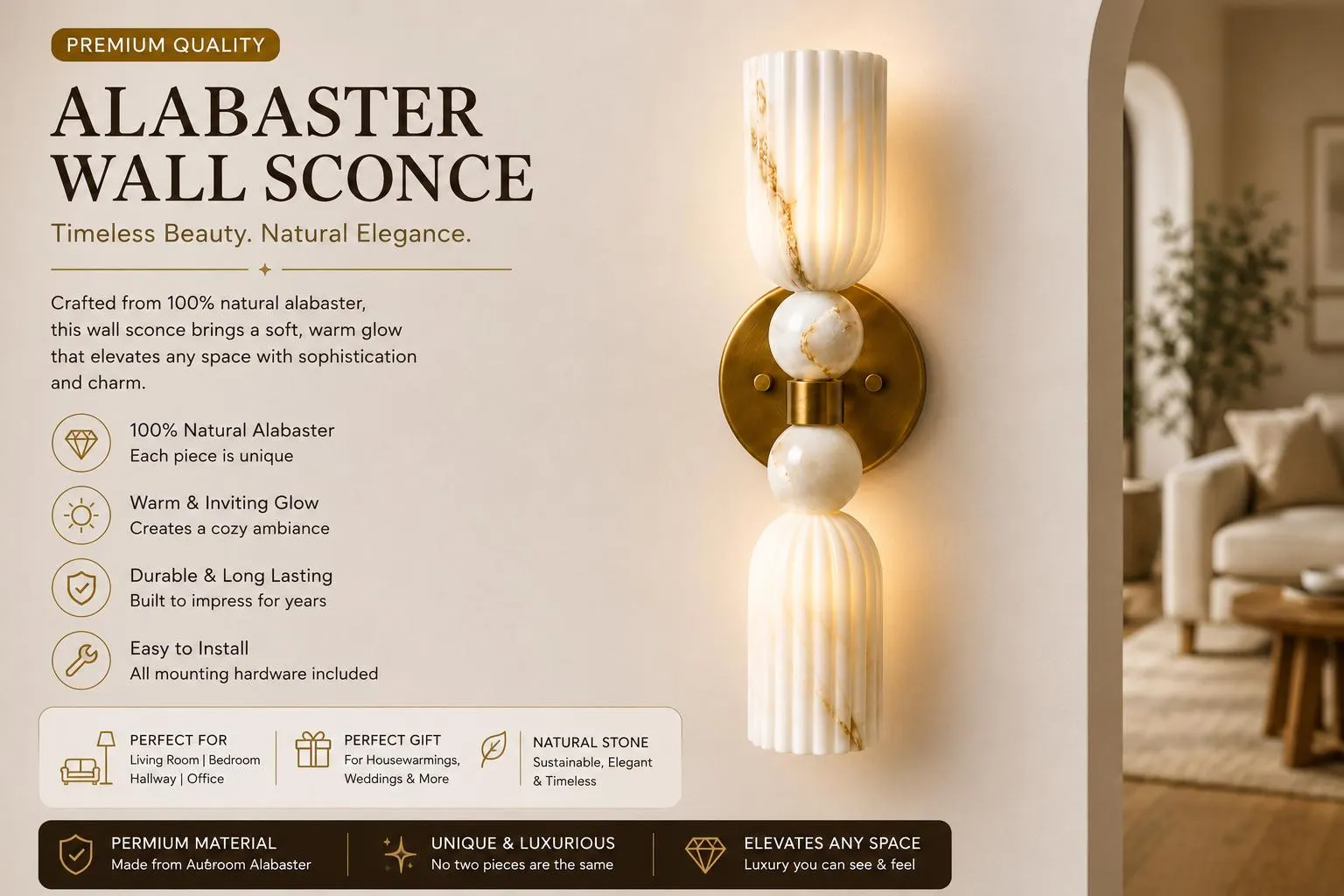 Alabaster Wall Sconce, Natural Alabaster Wall Light, Luxury Wall Lamp, Handmade Stone Sconce, Modern Bedroom Light, Warm Ambient Lighting