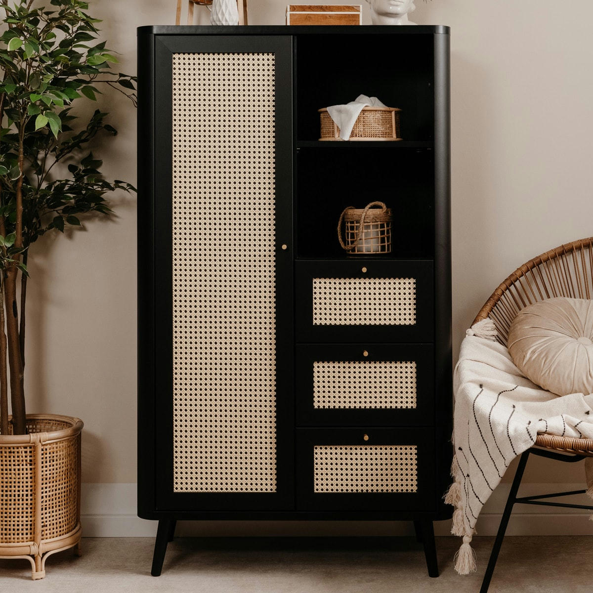 PADANG - Buffet haut cannage et effet bois noir 81 cm