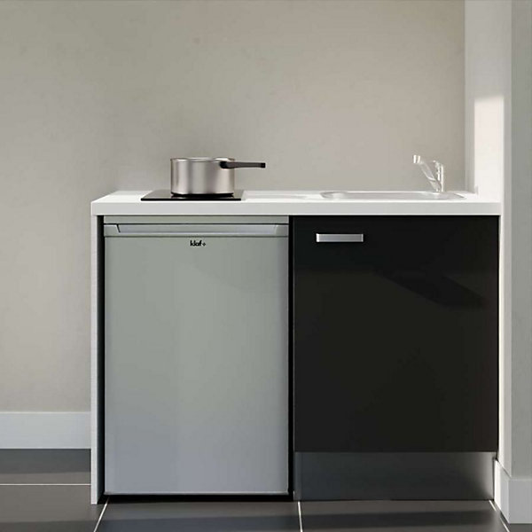 Kitchenette K08 façades Noir - Plan de travail Blanc - Crédences : Non - Evier inox - Electroménager Inox inclus