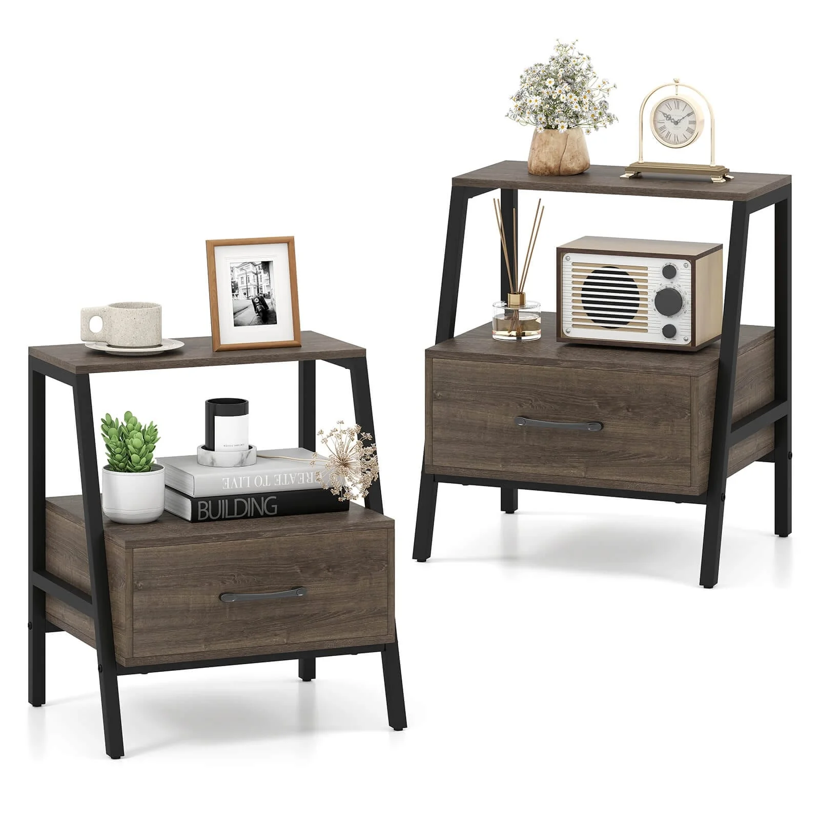 Costway 1/2 PCS Nightstand with Drawer Farmhouse 3-Tier Bedside Table
