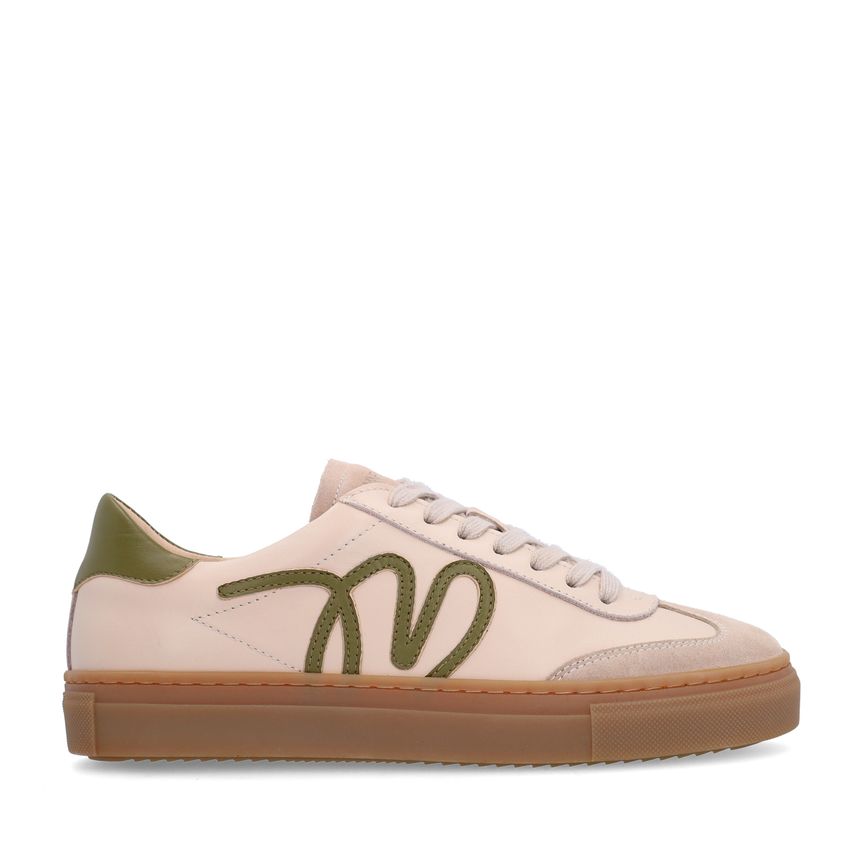 Manfield Beige leren sneakers met groene details