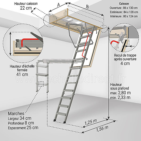 Echelle coupe feu 60min avec trappe de 86x130cm - Hauteur de 2.33 à 2.80m - LMF60/86130-280