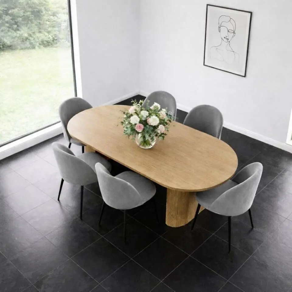 Hioshop Kyoto eethoek eettafel 100x210cm natuur- 6 stoelen velours grijze