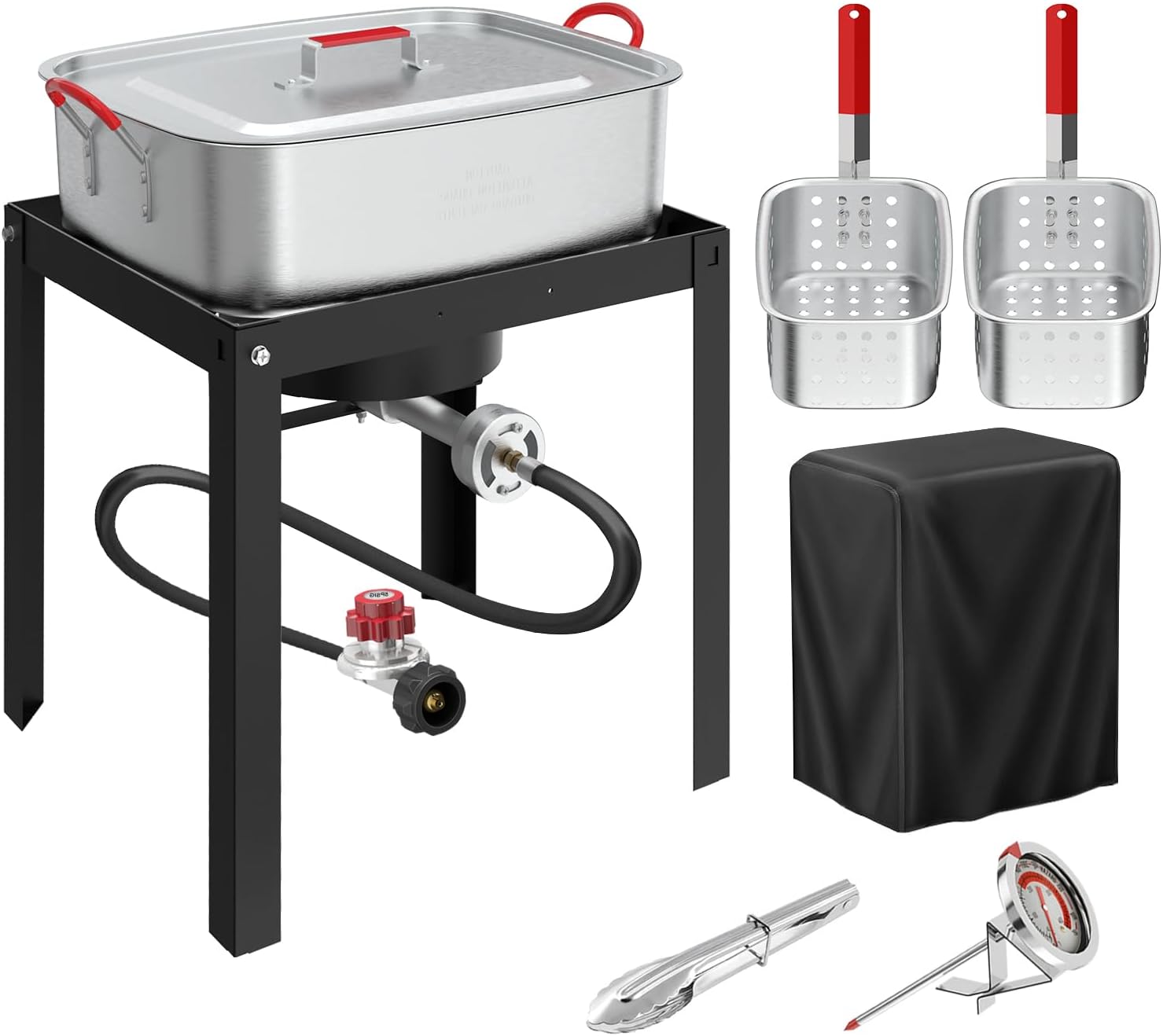 18QT Propane Deep Fryer | Outdoor Fish Fryer with 2 Baskets,Tong, Cover,Lid & Thermometer | Aluminum Deep Fryer with 55,000 BTU Propane Burner - Ideal for Fish, Chicken Wings & Outdoor Gatherings