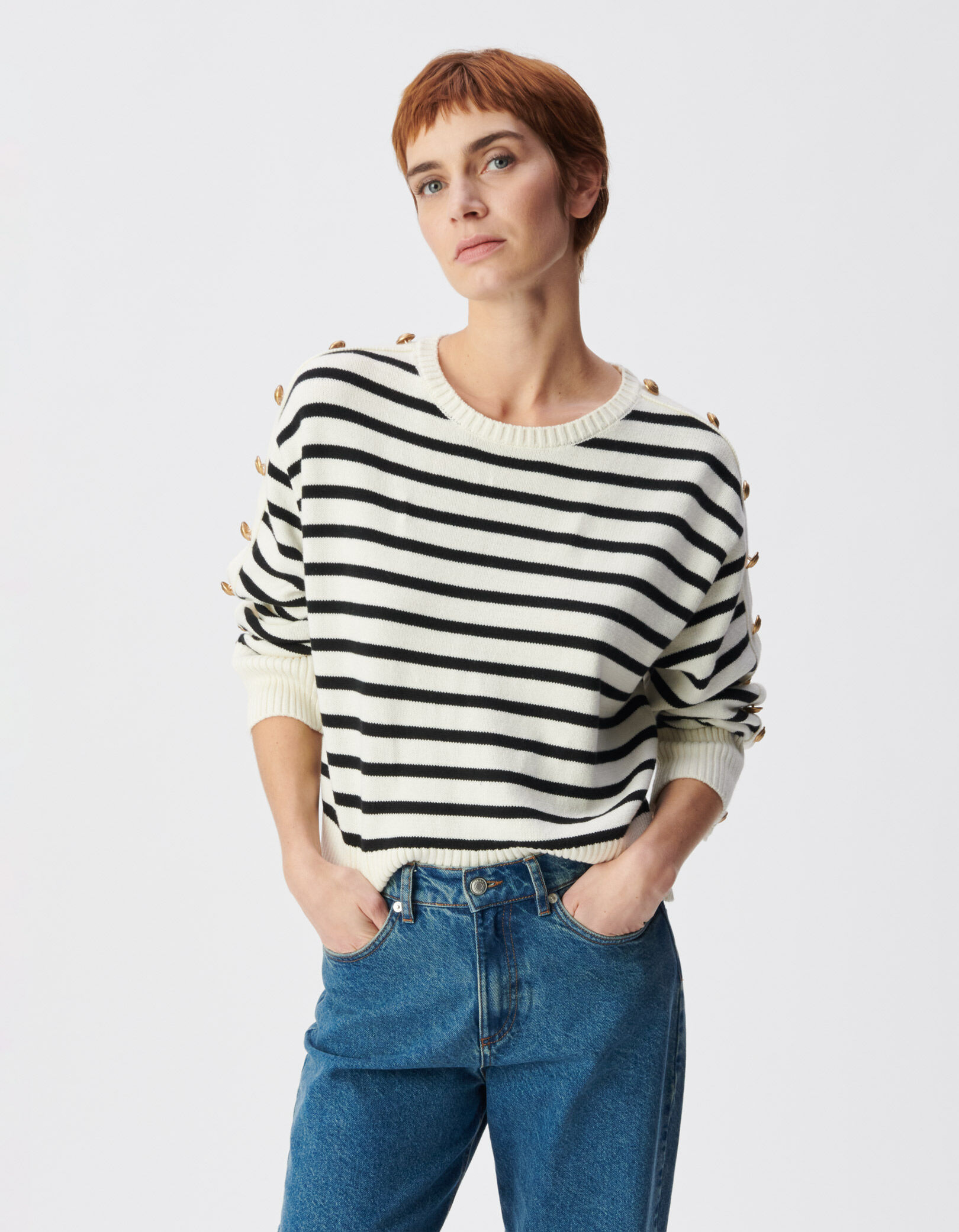 Pull marinière court boutons gravés aux manches Femme