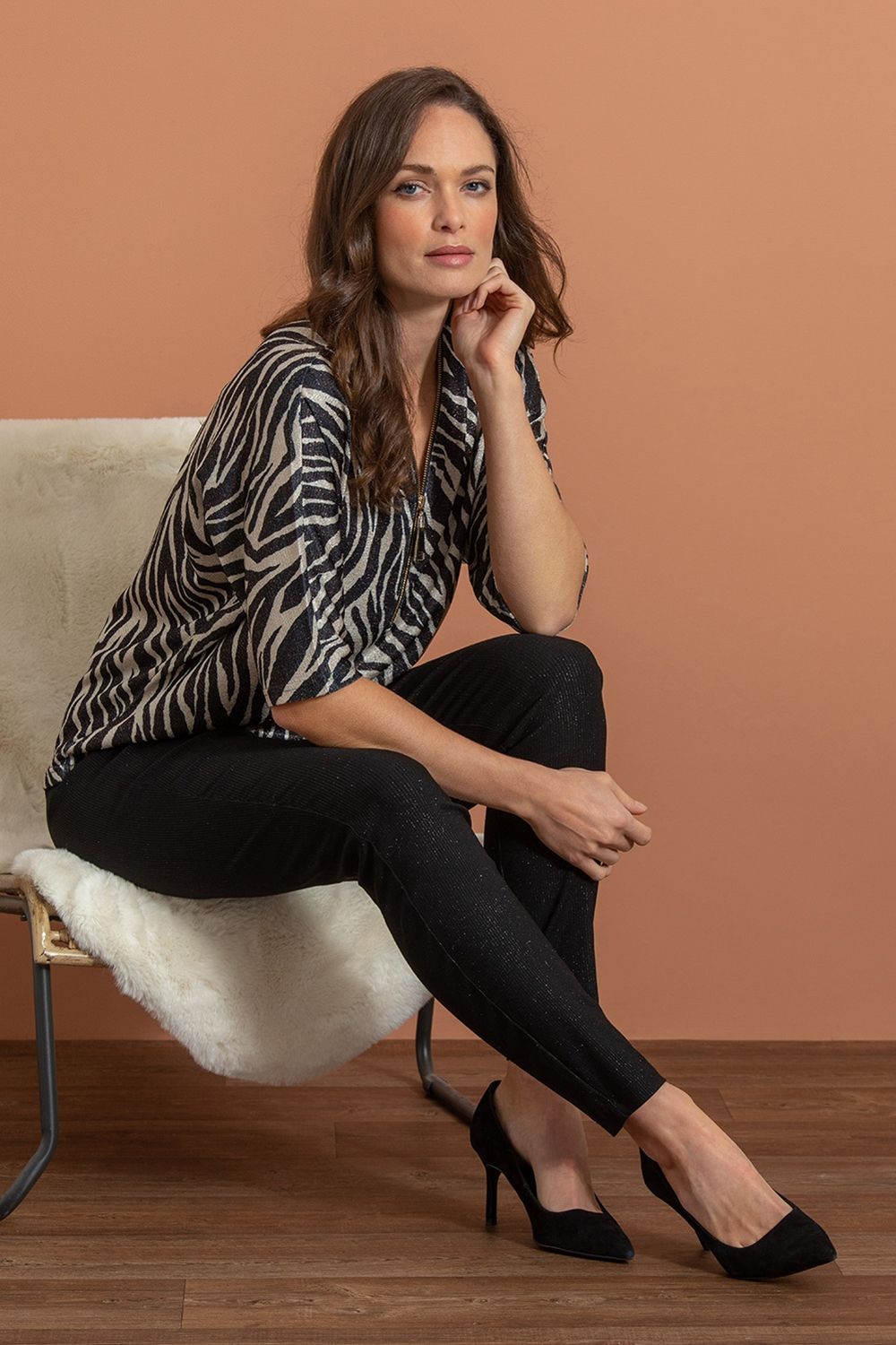 Klass. Shimmer Animal Print Zip Top