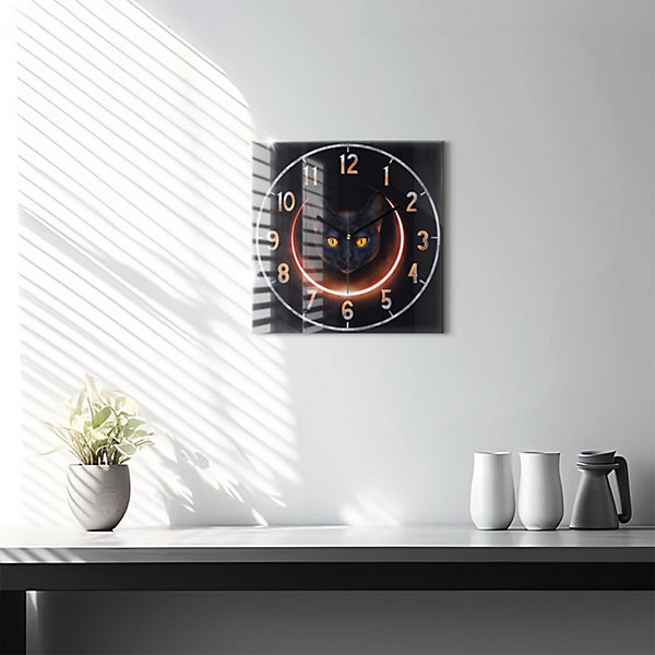 Horloge murale Wallfluent 30x30 cm Aiguilles noires Chat magique 1 pcs