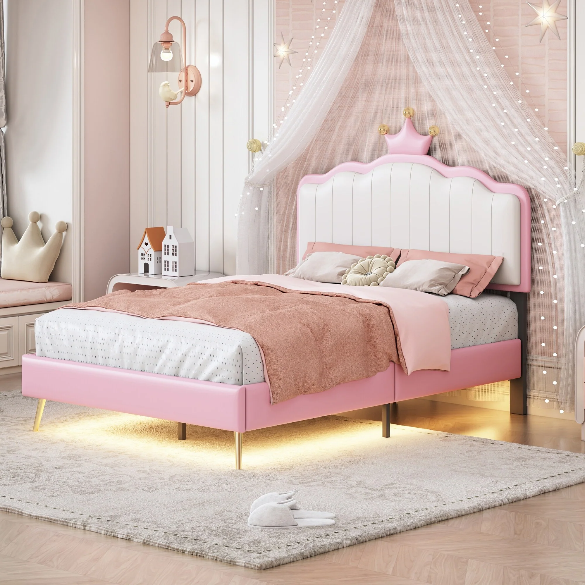 Twin Upholstered Princess Bed with Crown Headboard and Light Strip, Platform Design