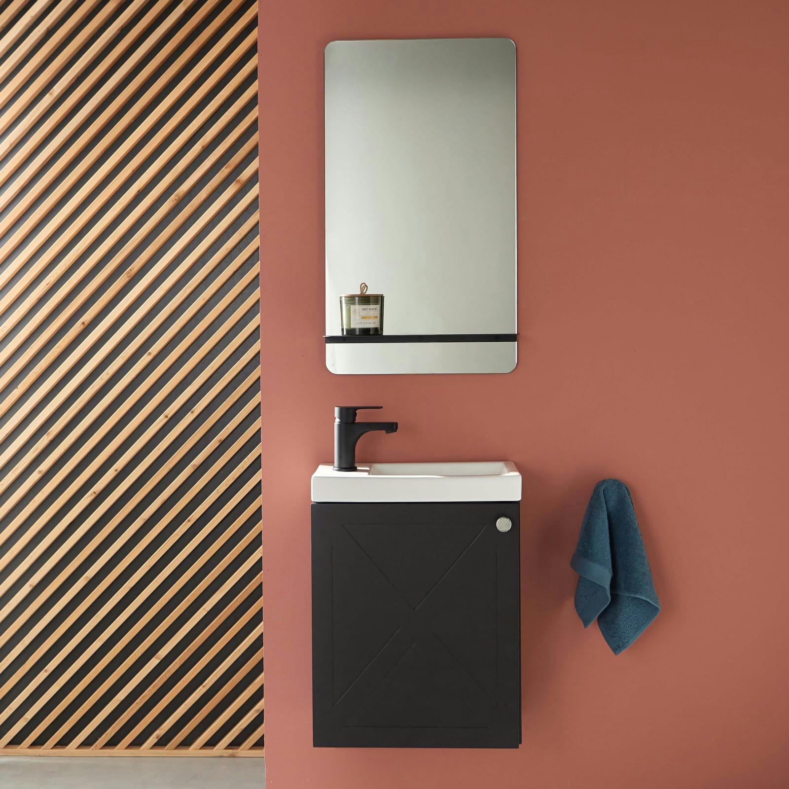 AVA - Meuble lave-mains  noir carbone + miroir tablette noire + robinet noir