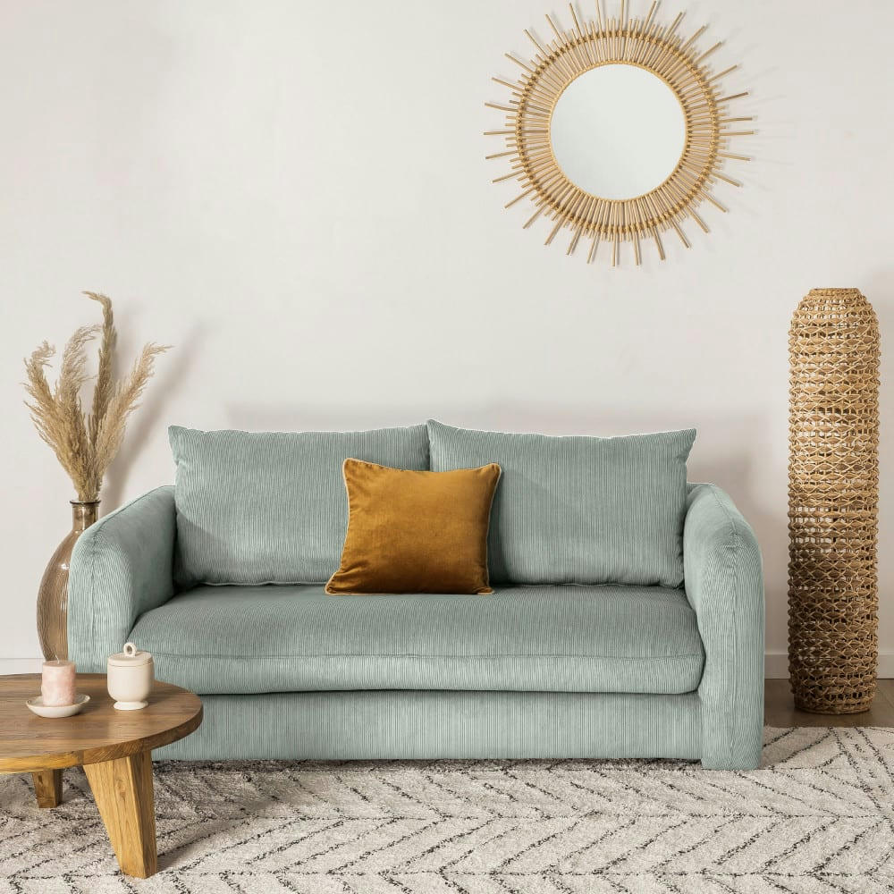 WIAME - Canapé 2,5 places en velours côtelé vert d'eau