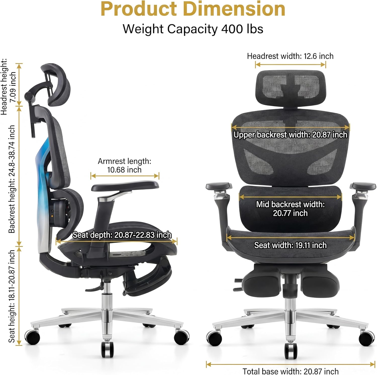 Ergonomic Office Chair with Footrest & Massage Lumbar Support – 4D Headrest & 6D Armrests, Reclining Big and Tall 400LBS Mesh Chair, Adjustable Seat Depth & Back Height, for Home Office/Gaming (Black)