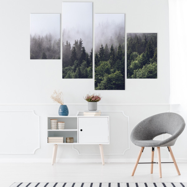 Obraz Tetraptyk LAS WE MGLE Drzewa Pejzaż 3D 80x50cm