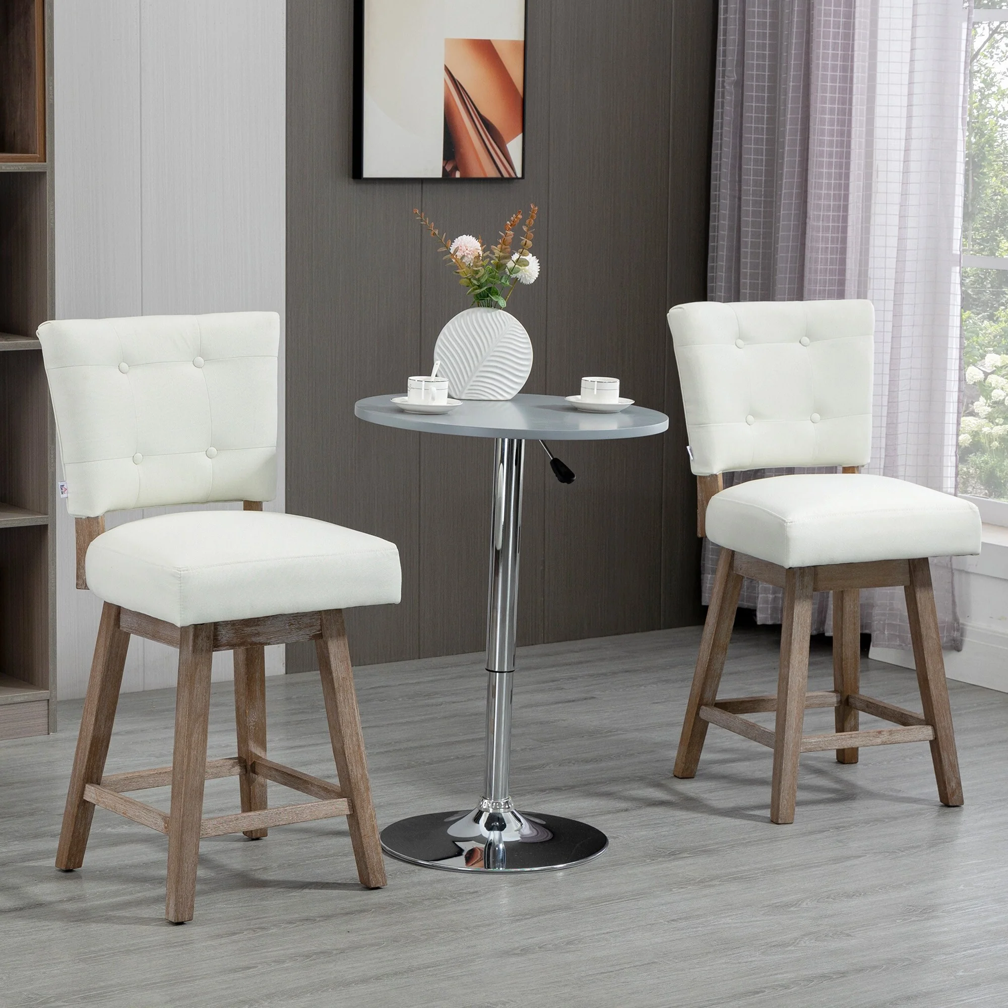 HOMCOM Swivel Bar Stools Set of 2, Fabric Tufted Counter Height Bar Stools with Rubber Wood Legs and Footrest for Dining Room