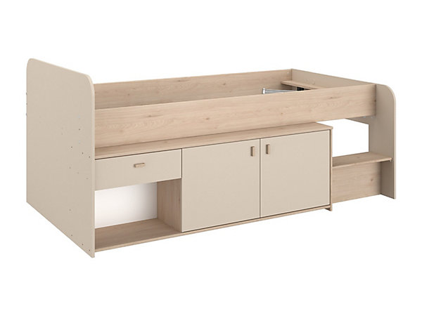 Lit mi-hauteur 90 x 190/200 cm avec rangements - Beige et naturel - LUNOBI
