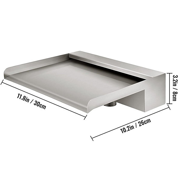 Lame eau piscine inox 30 cmFontaine cascade rectangulaire avec connecteur tuyau, collier de serrage et bande PTFArgent