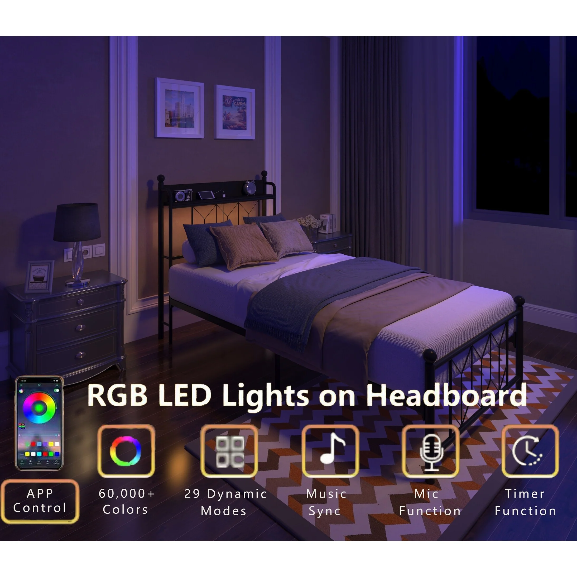 Twin Bed Frames, Headboard and Charging Station & LED Light for Bedroom, Solid and Stable, Noise Free, No Box Spring Needed