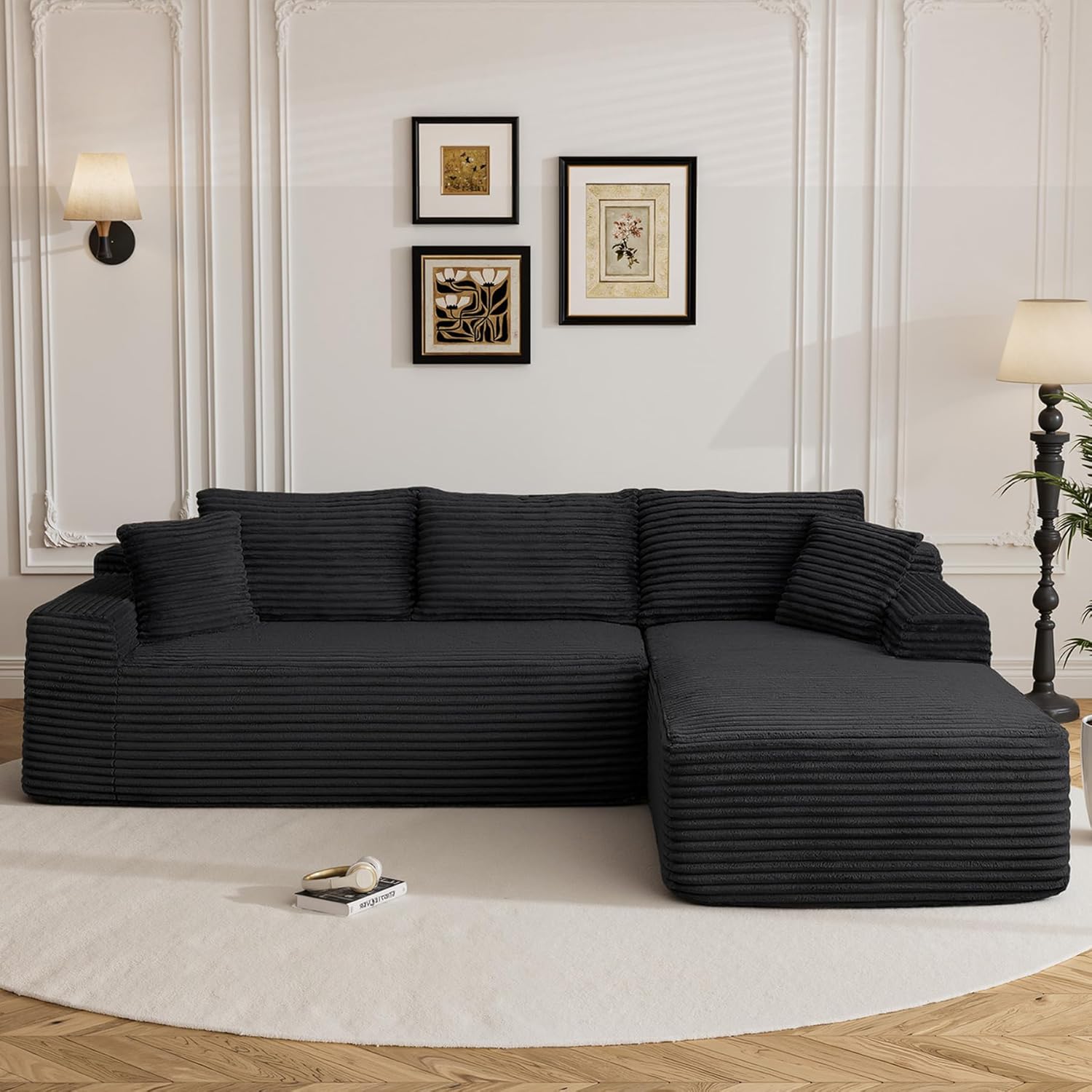 95 Boneless Cloud Sectional Couches for Living Room, Comfy Fluffy L Shaped Deep Seat Memory Foam Boneless Couch, Modular Sectional Sofas with Right Facing Chaise, Black