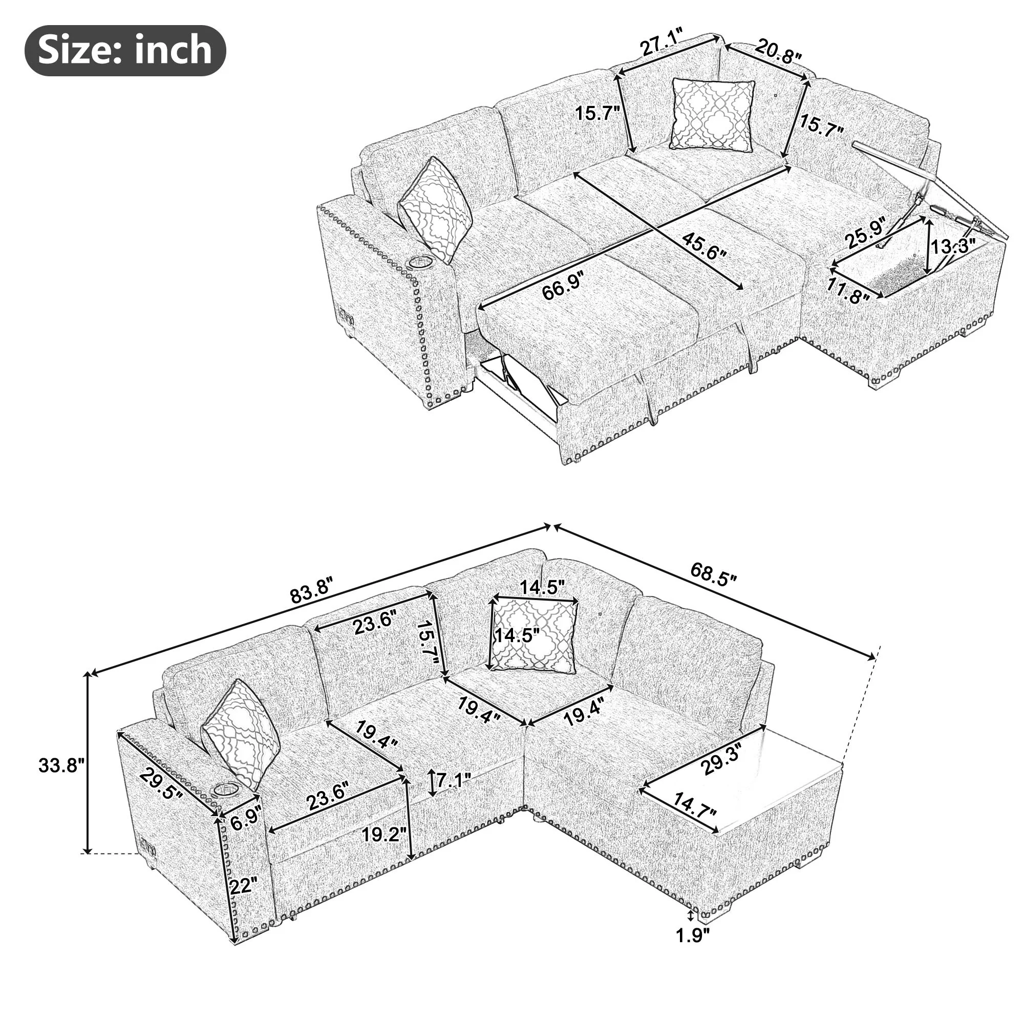 83.8 L-Shaped 4-Seat Sofa with Pull-Out Bed & Storage