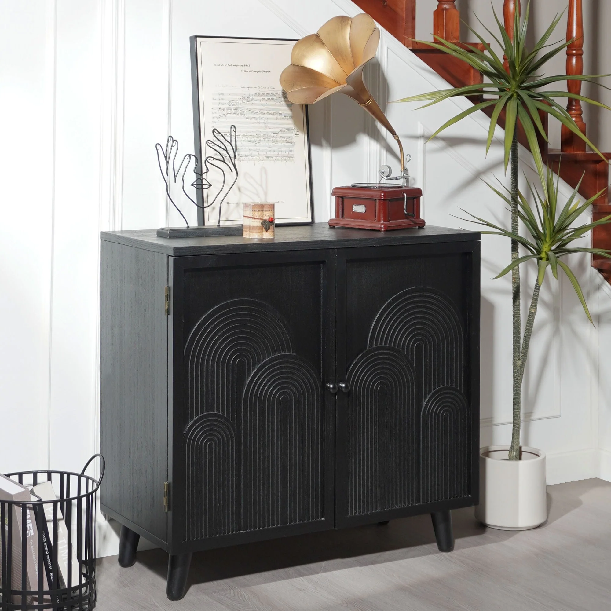 Modern Black Wood Storage Cabinet, 31in Accent Cabinet with Embossed Door for Living Room, Bedroom, or Entryway