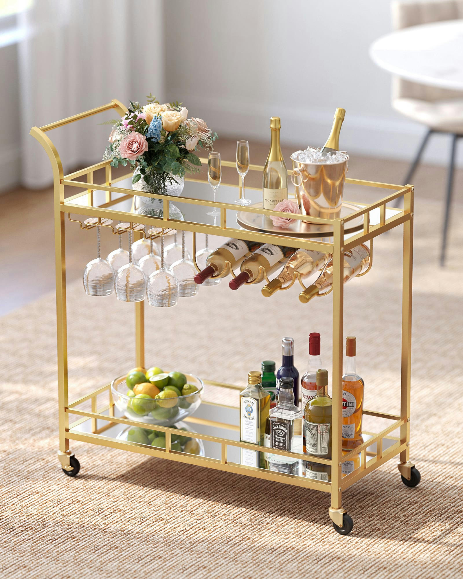 - Desserte pour boissons à roulettes en acier doré