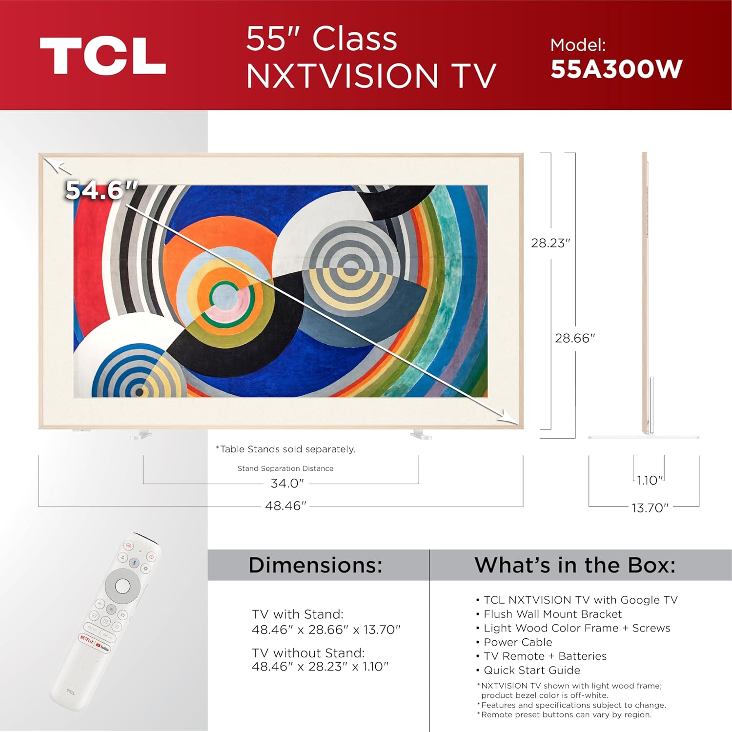 TCL 55 Inch Class NXTVISION Series Picture Frame Canvas Art TV | 55A300W  2024 Model | QLED 4K HDR Smart Google TV | 120HZ Dolby Atmos Audio | Voice Remote Alexa Google Apple Streaming Television