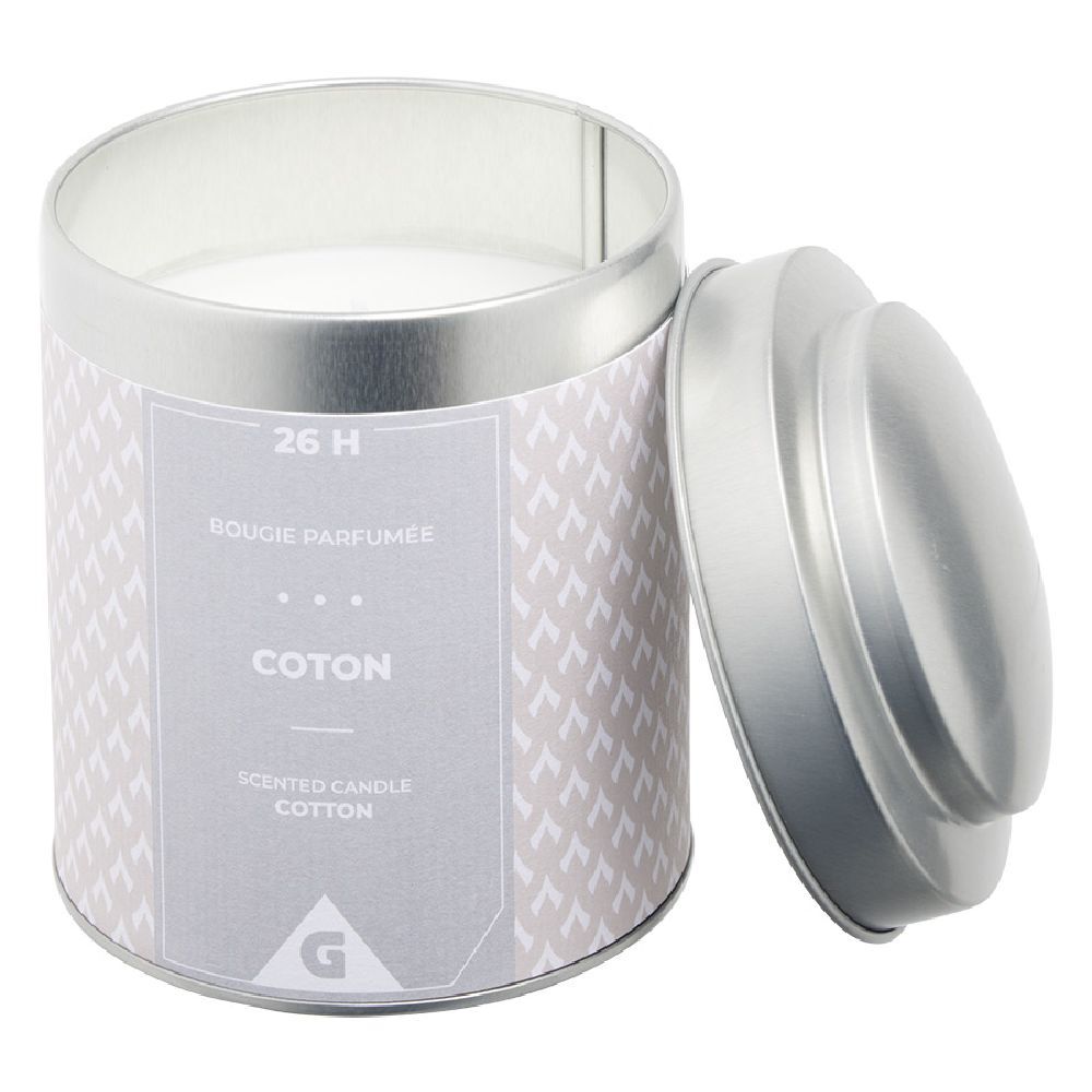 Bougie parfumée dans pot en métal gris senteur coton 26H