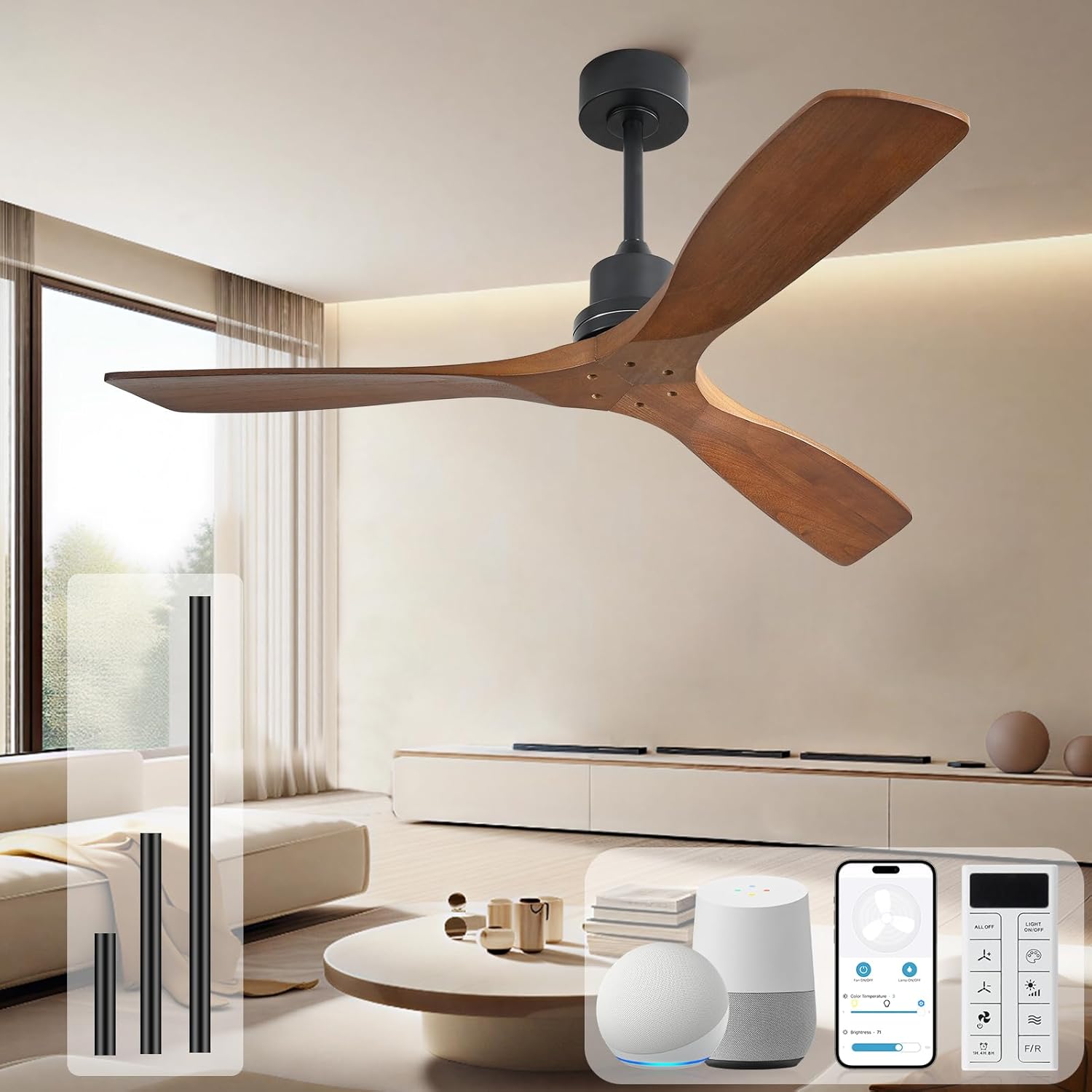 Sofucor Smart Ceiling Fan no Lights, 52 Low Profile Ceiling Fans with Remote, Compatible with Alexa/Google/App, 6-Speed Timing Reversible DC Motor for Bedroom Living Room Patio Indoor Outdoor
