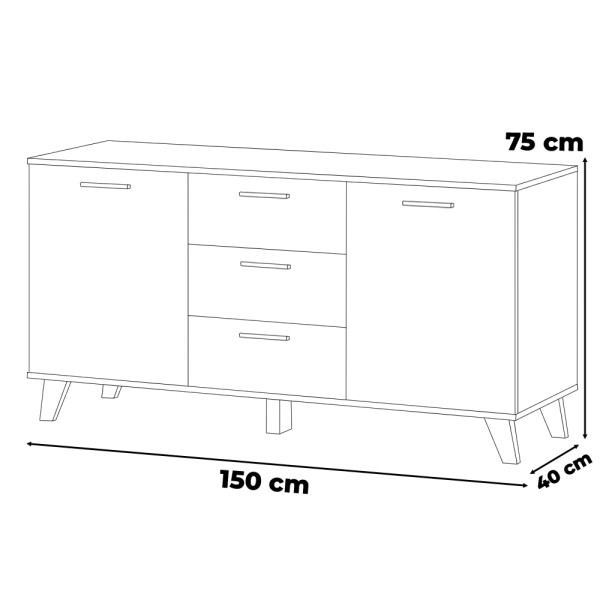 Komoda biała skandynawska olivier 150cm szafka 3 szuflady