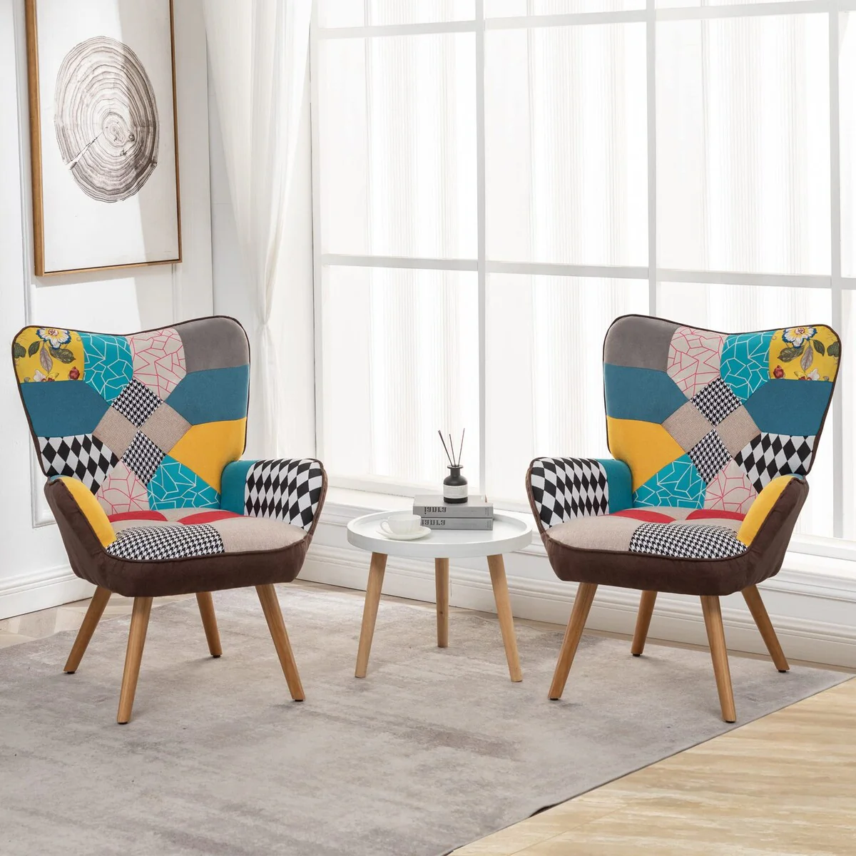 HOMYKA 30 Patchwork Camelback Accent Chair with Colorful Fabric