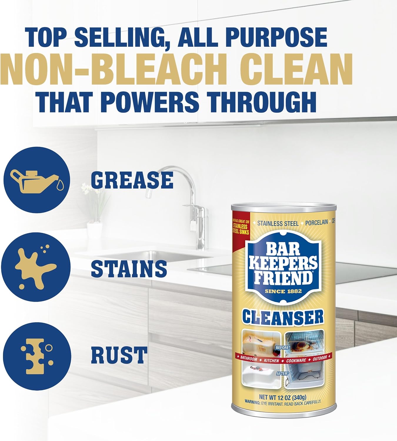 Bar Keepers Friend Powder Cleanser, 12 oz x 2, Multipurpose Cleaner, Degreaser & Remover for Burnt Stainless Steel Pots and Pans, Rust Stains, Hard Water Deposits & Soap Scum