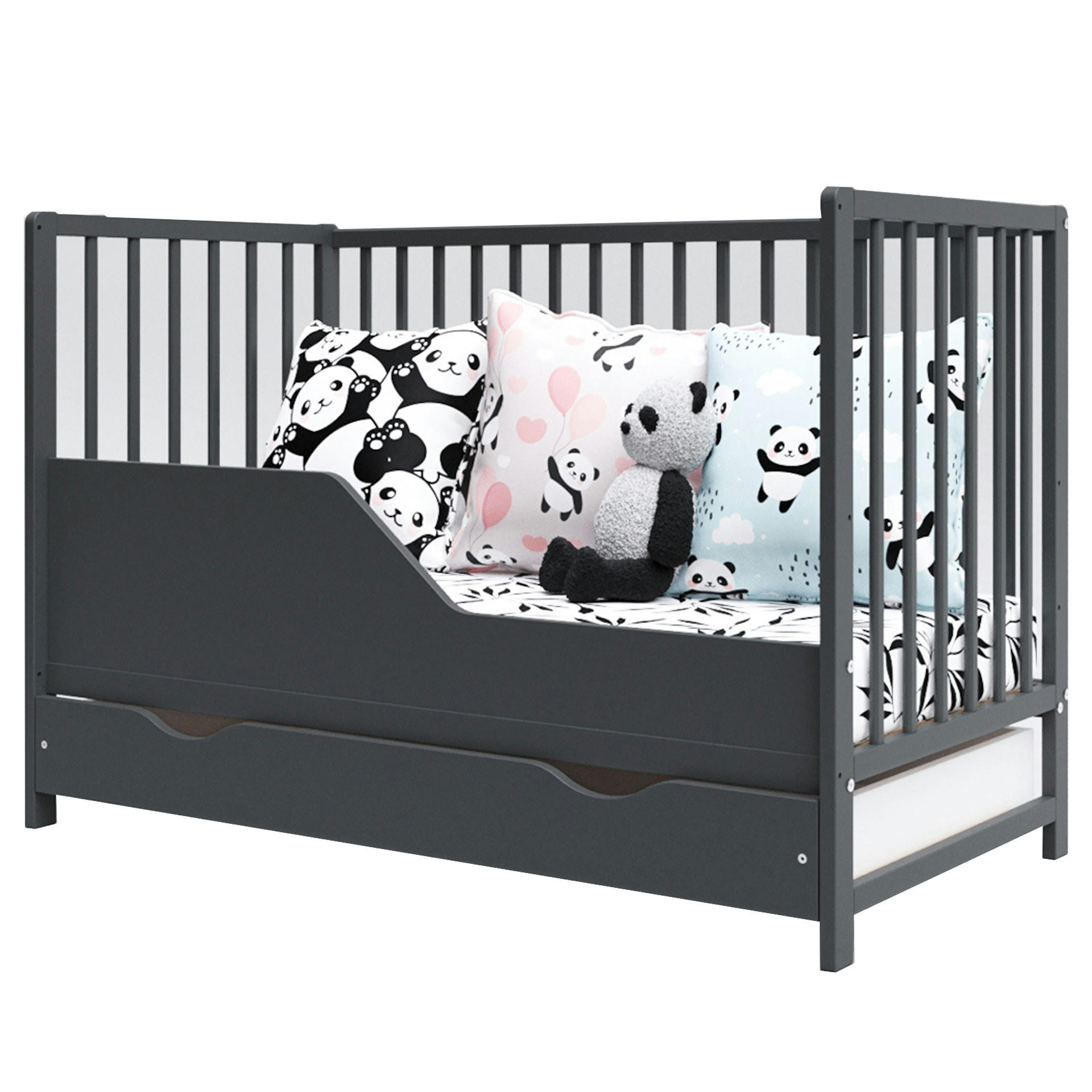 ANNA - Lit bébé évolutif en bois avec tiroir - Anthracite -120x60 cm