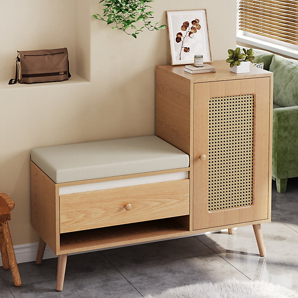 Meuble à chaussures, banc d'entrée multifonctionnel en rotin. Coussins, tiroirs et étagères ouvertes, une porte d'armoire, Naturel