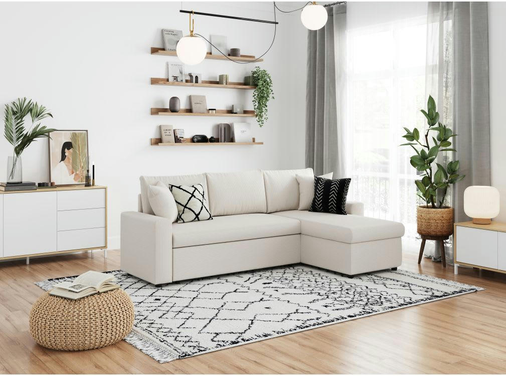 MARIA - Canapé d'angle réversible, convertible 3places en velours côtelé beige