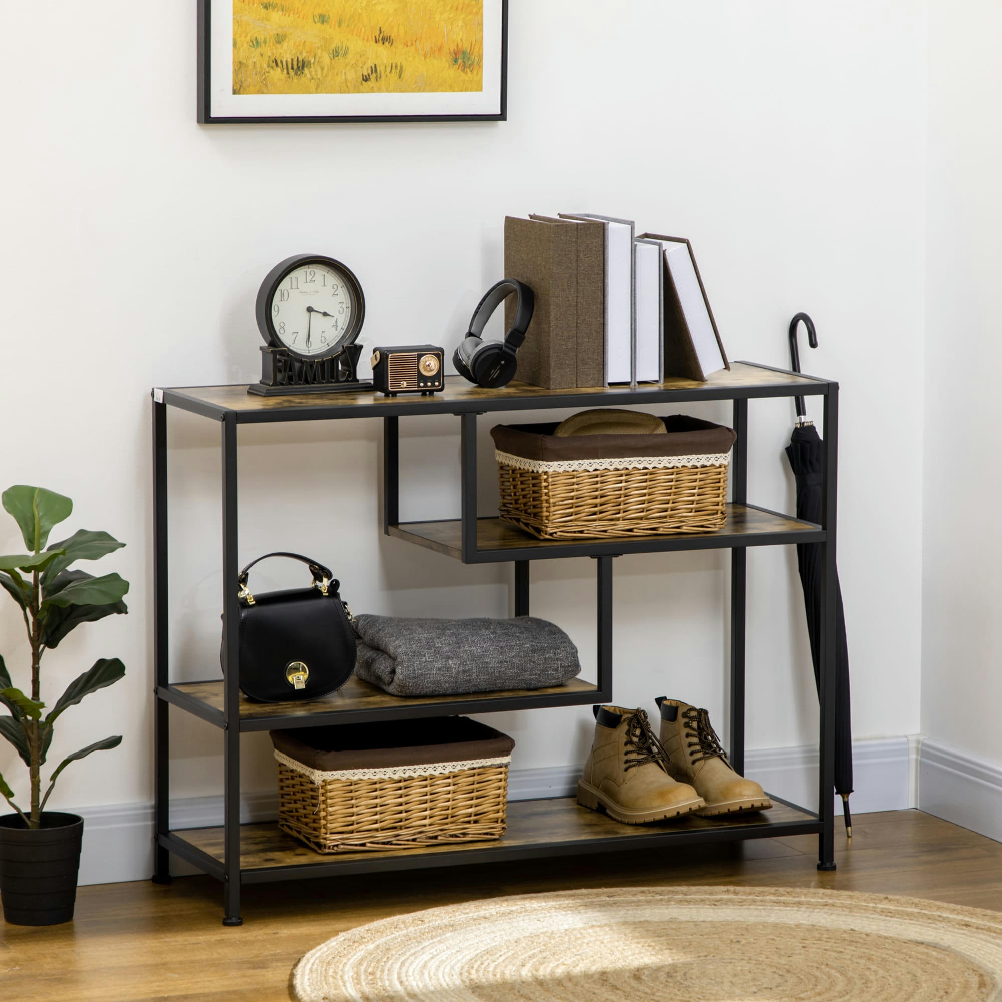 - Console design industriel 4 étagères acier noir aspect bois vieilli