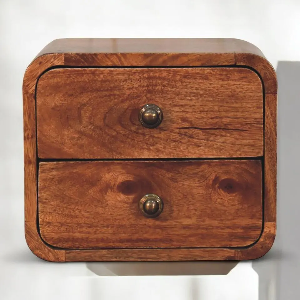 Mini gebogen nachtkastje, honing-karamelkleur, wandmontage, 2 laden, bruin