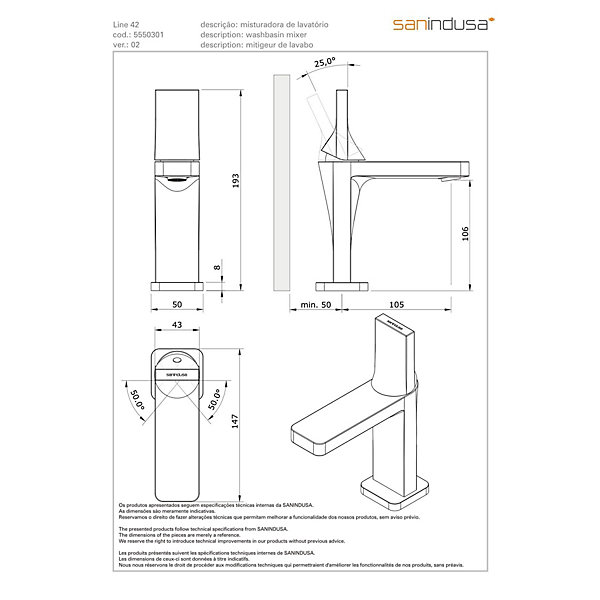 Mitigeur pour lavabo ou vasque design plat épuré contemporain SANINDUSA Line 42 couleur cuivre