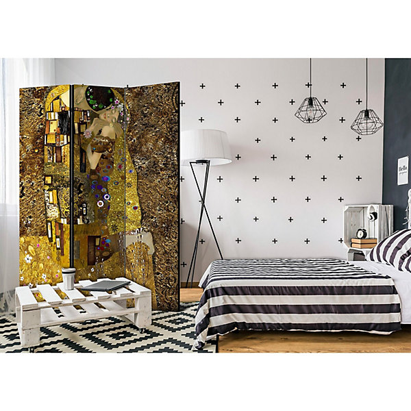 Paravent Baiser d'Or: Décoration Luxueuse 3 Panneaux 135 x 172 cm Bronze et Multicolore