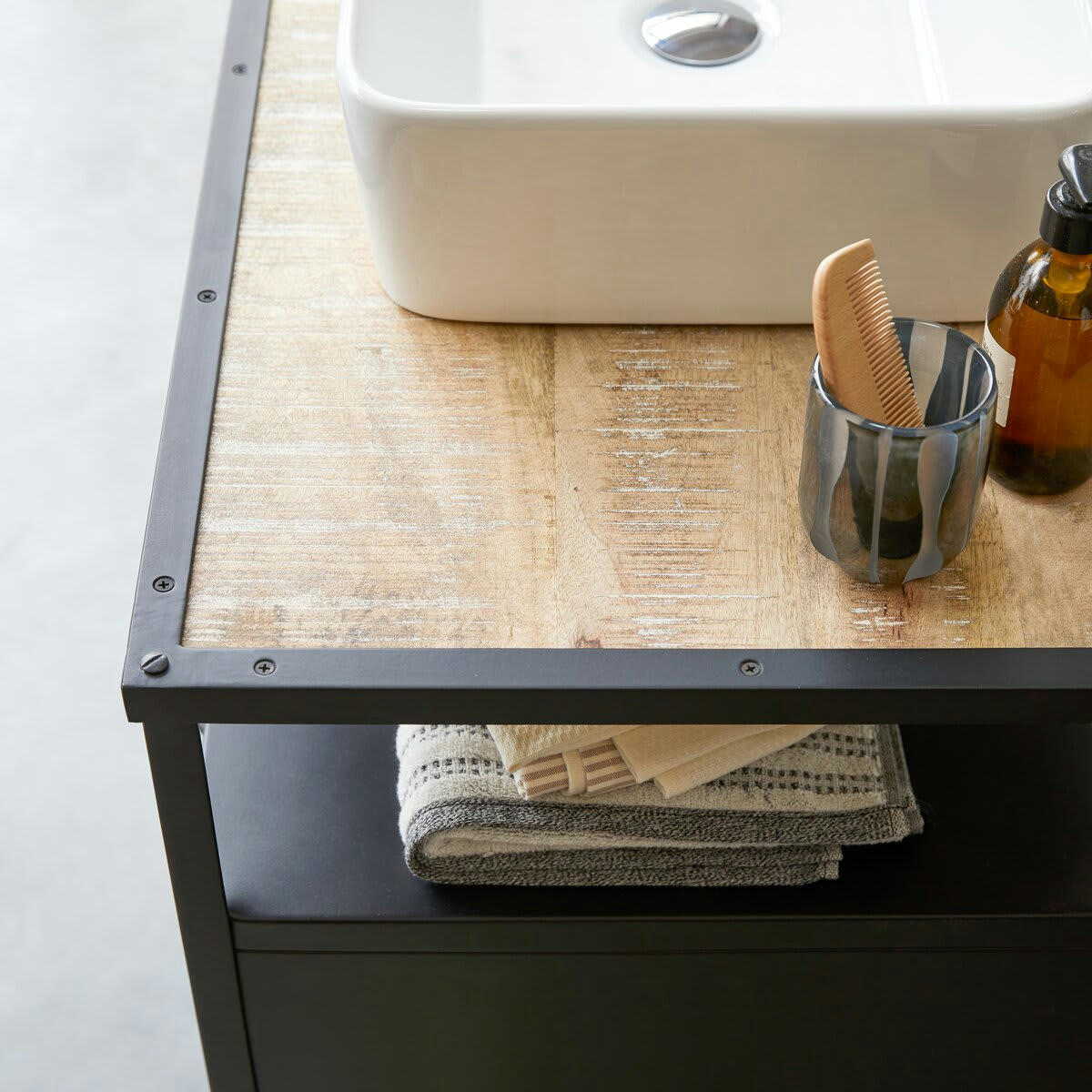 INDUSTRIEL - Meuble sous vasque en manguier massif et métal 95 cm