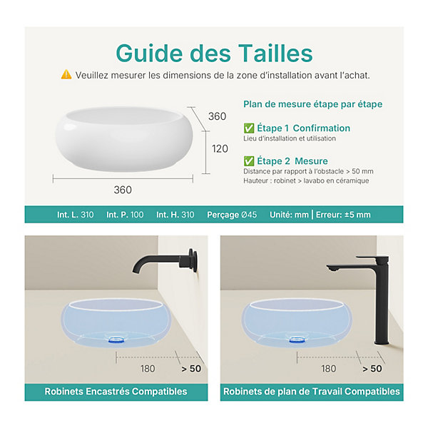 EMKE Vasque à Poser Ronde 360 x 360 x 120mm, Lavabo de Salle de Bain en Céramique, Montage sur Comptoir, Blanc Brillant