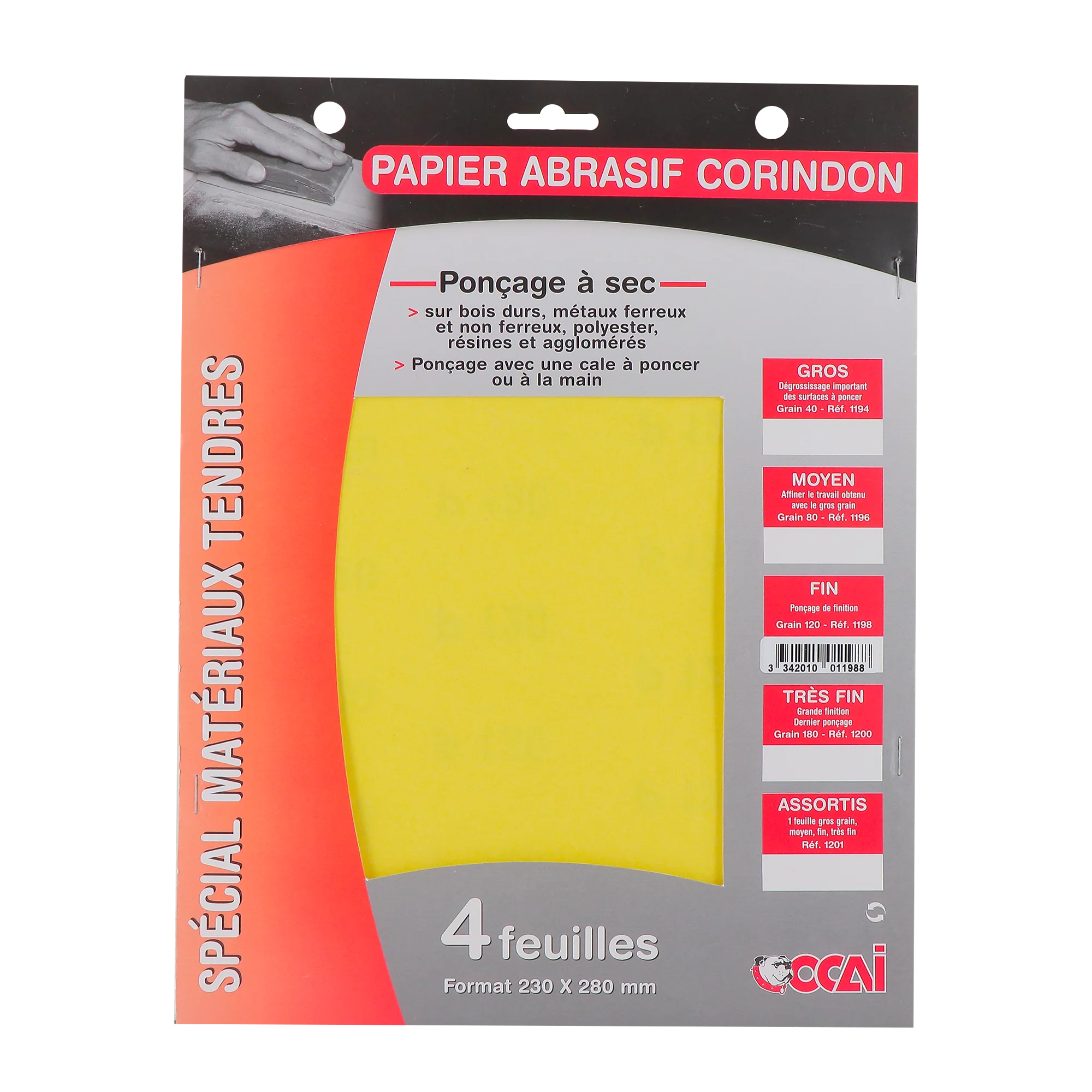 Ocai Lot de 4 feuilles abrasives grain fin