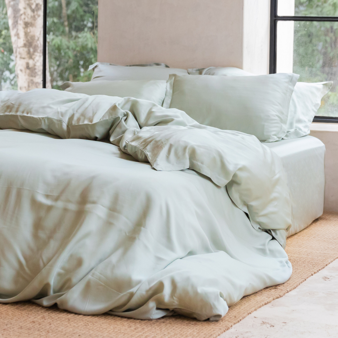 Coco & Cici - Tencel Sateen Dekbedovertrek 140 x 220 cm - 1 Persoons Beddengoed - Grijs Groen - Lyocell - Hypoallergeen & Extra Zacht - 1 Kussensloop
